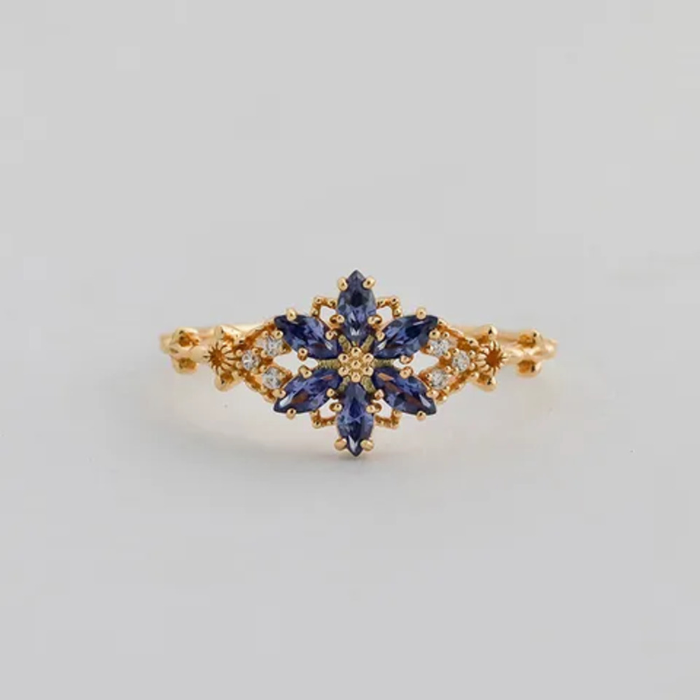 Sizes 6, 7, or 8 Vintage Tanzanite Flower Ring w/Zircon Inlay 18k Gold Over S925